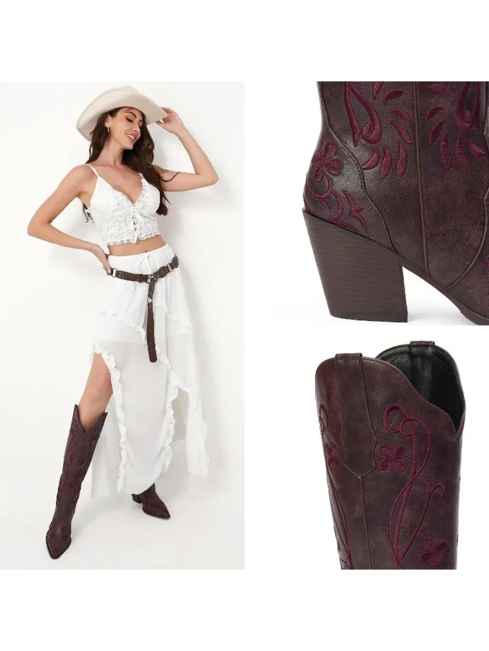 Women's Dark Purple pu Knee High Floral Embroidered Vintage Cowgirl Boots